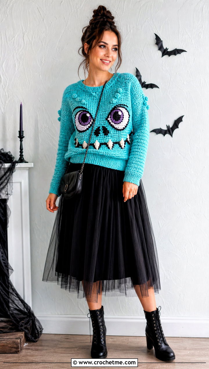 Monster Face Crochet Halloween Sweater With Tulle Midi Skirt - 35 Crochet Halloween Sweater outfit ideas