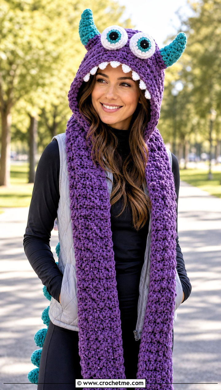 Monster Hooded Halloween Scarf With Leggings - 20 crochet halloween scarf outfit ideas