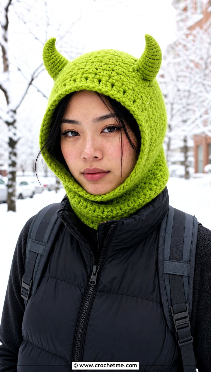Monster Horn Crochet Balaclava With Puffer Vest - 25 Weird Crochet Hat outfit ideas