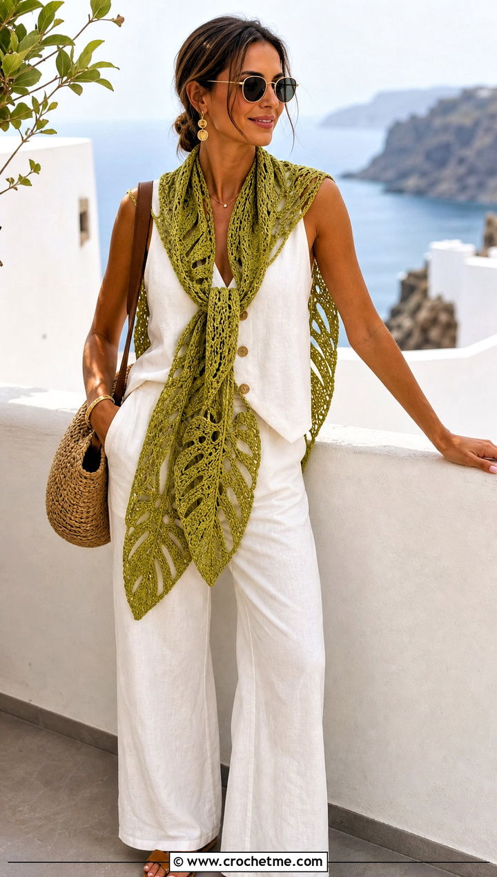Monstera Leaf Scarf With Linen Set - 25 crochet leaf scarf outfit ideas