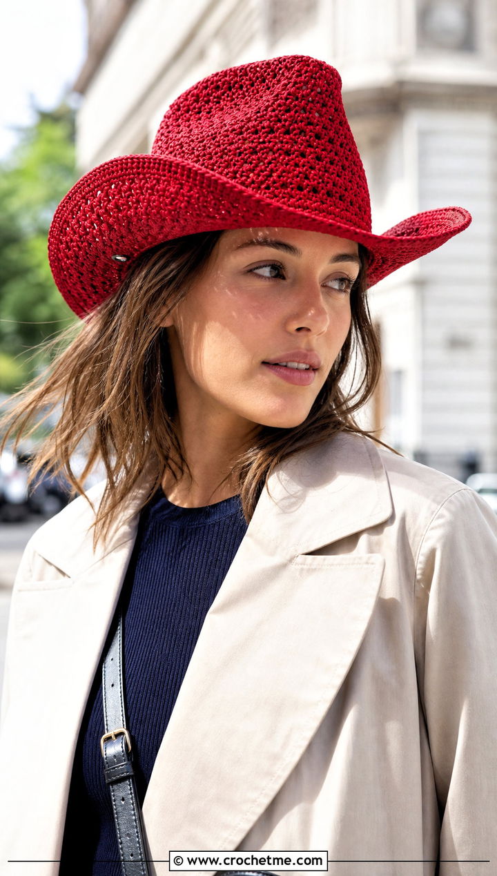 Montana Crease Crochet Cowboy Hat With Trench Coat - 25 crochet cowboy outfit ideas