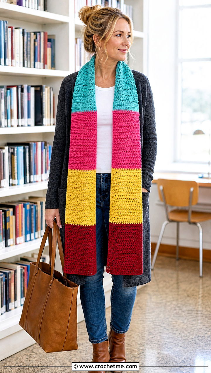 Monthly Panel Temperature Scarf With Long Cardigan - 30 crochet temperature scarf outfit ideas