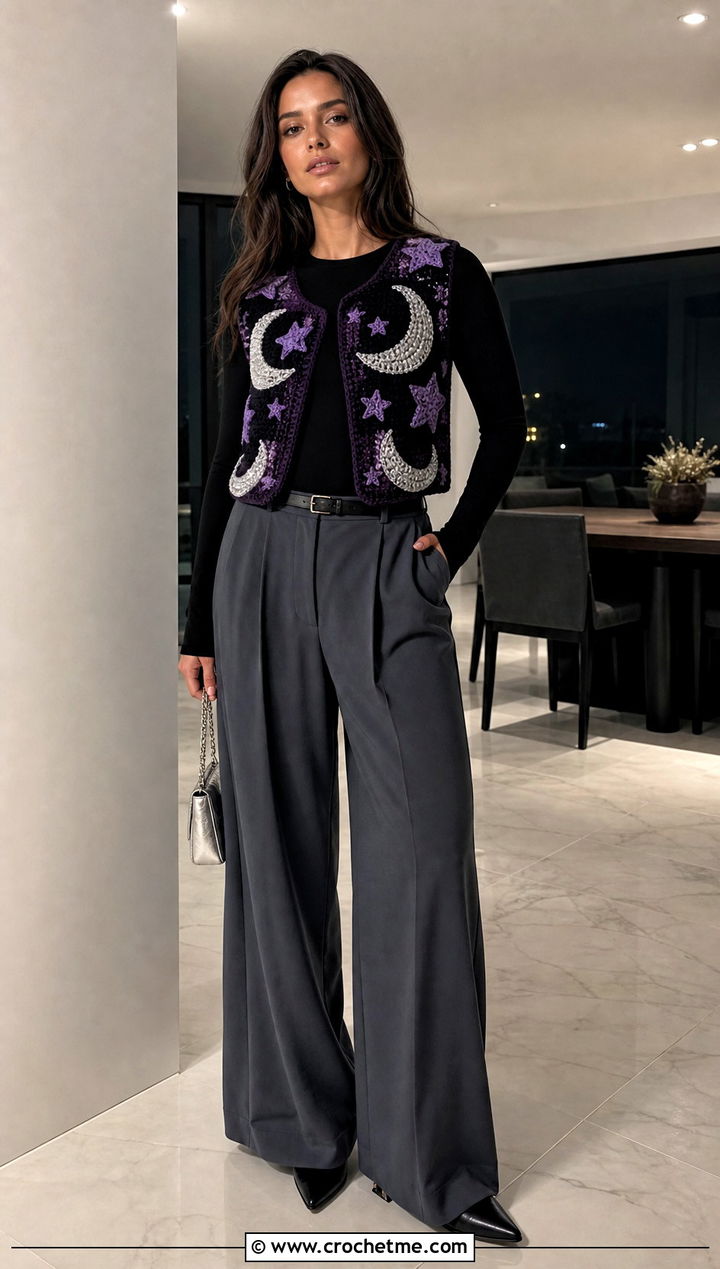 Moon And Star Crochet Amigurumi Vest With Wide Leg Trousers - 15 Crochet Amigurumi Vest outfit ideas