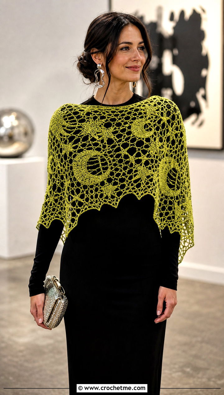 Moon And Stars Circle Crochet Halloween Shawl With Maxi Dress - 20 Crochet Halloween Shawl outfit ideas