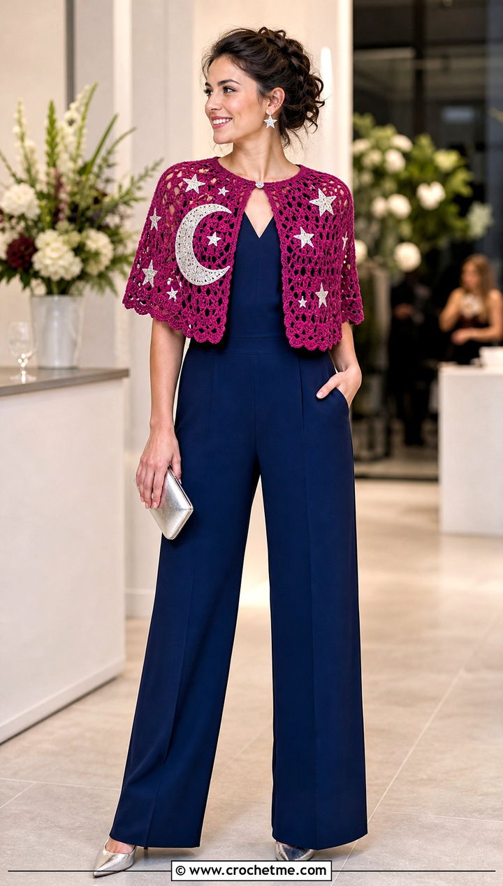 Moon And Stars Crochet Capelet With Tailored Jumpsuit - 20 Crochet Halloween Clothing and outfit ideas