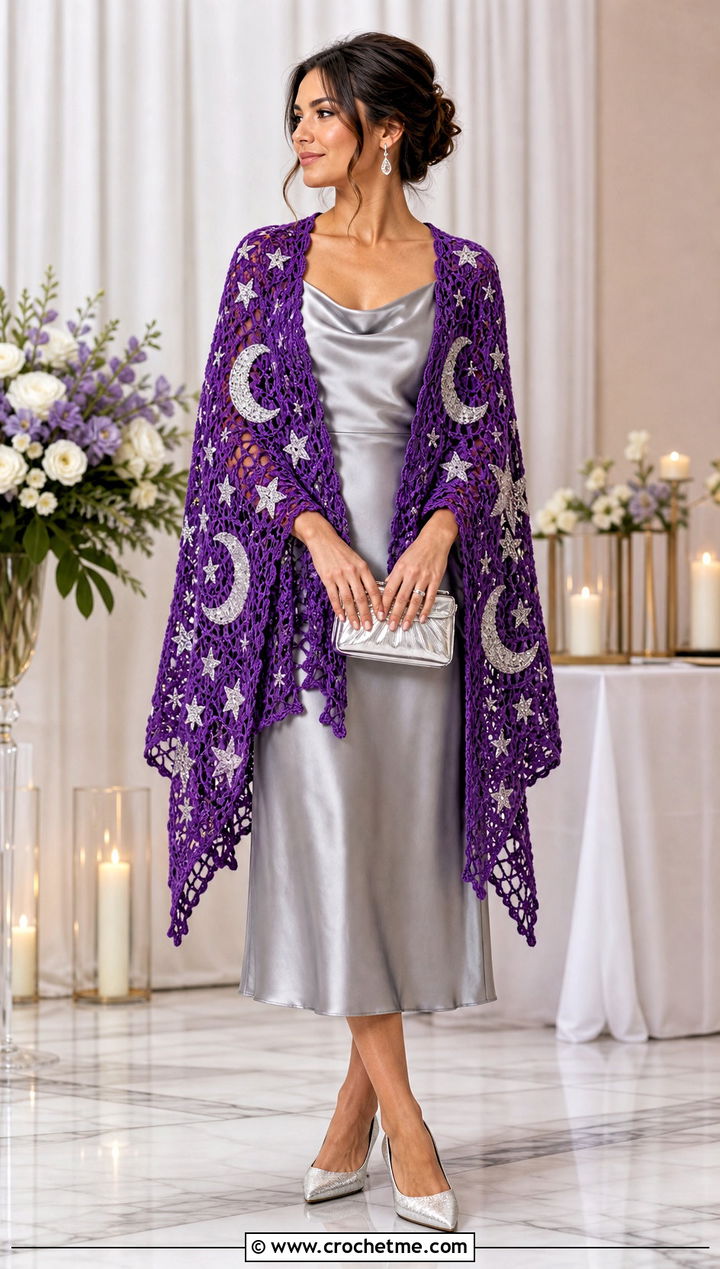 Moon And Stars Crochet Shawl With Satin Slip Dress - 15 Crochet Moon Shawl outfit ideas