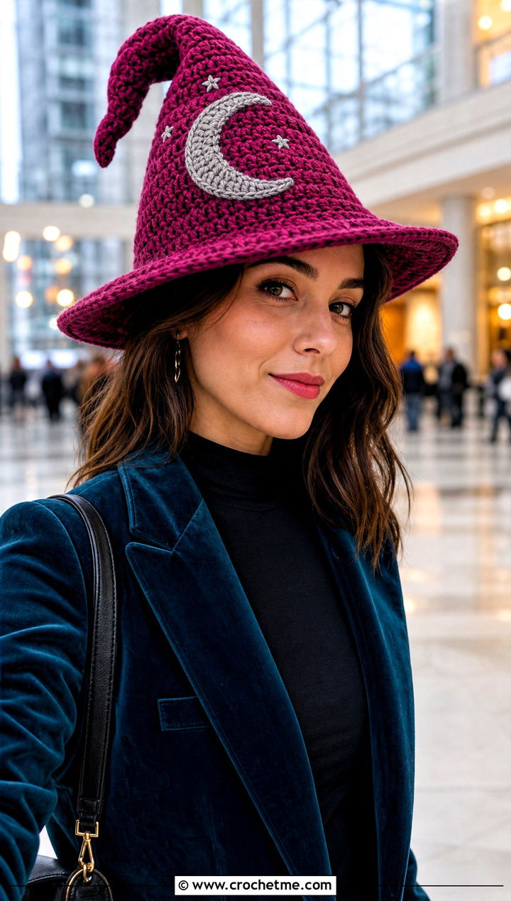 Moon Applique Slouchy Crochet Witch Hat With Velvet Suit - 30 slouchy crochet witch hat outfit ideas
