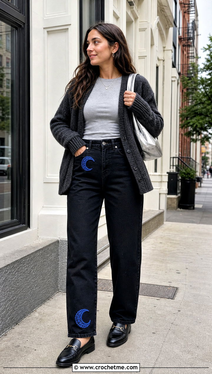 Moon Crochet Patch Black Jeans Outfit - 30 crochet patches on clothes and outfit ideas