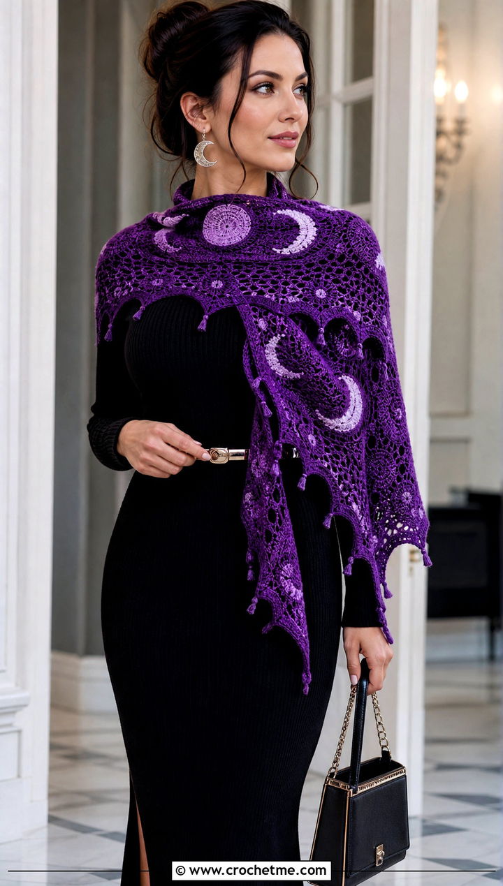 Moon Phase Crescent Witch Crochet Shawl With Knit Midi Dress - 15 Witch Crochet Shawl outfit ideas