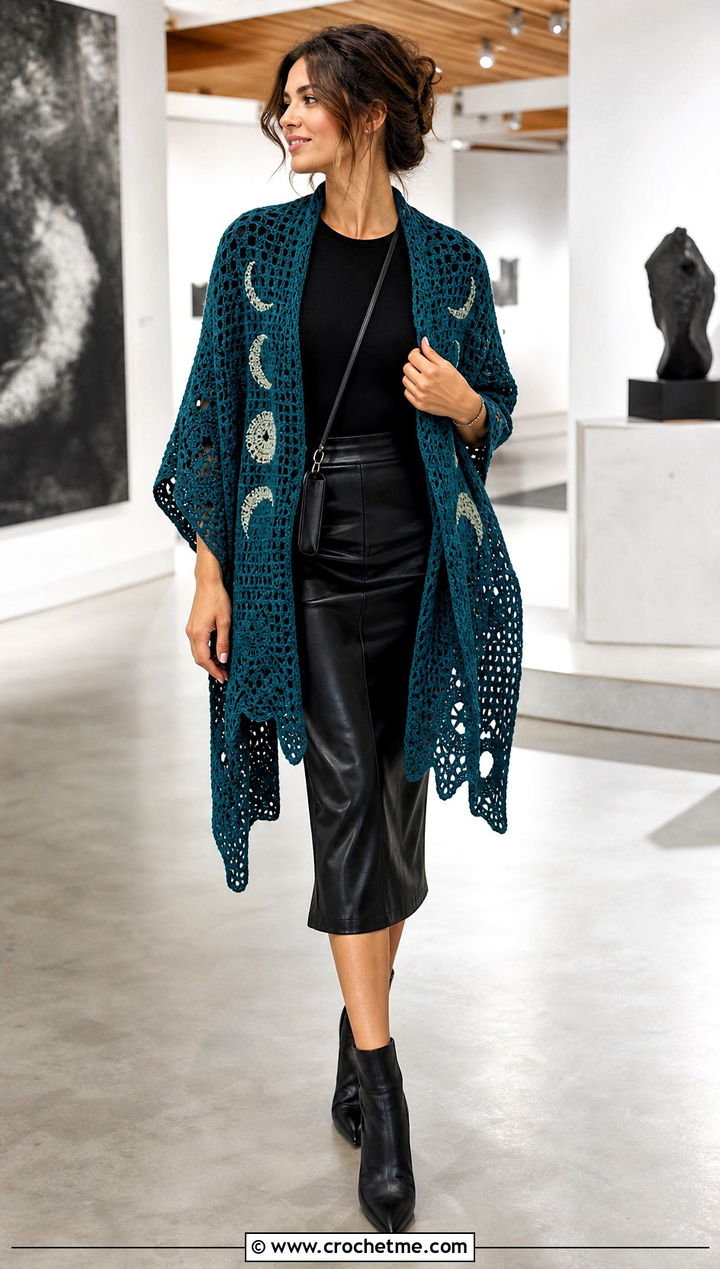 Moon Phase Filet Crochet Shawl With Leather Midi Skirt - 15 Crochet Moon Shawl outfit ideas