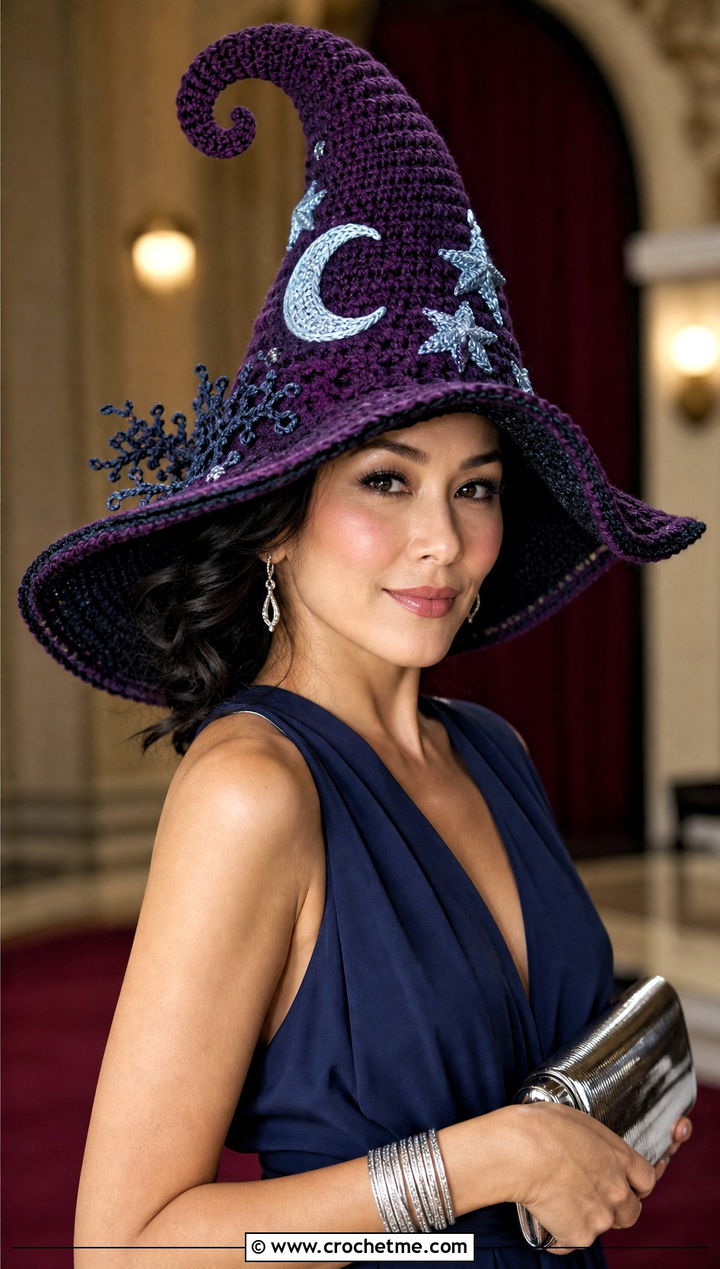 Moon and Star Crochet Twisted Witch Hat With Jumpsuit - 25 crochet twisted witch hat outfit ideas