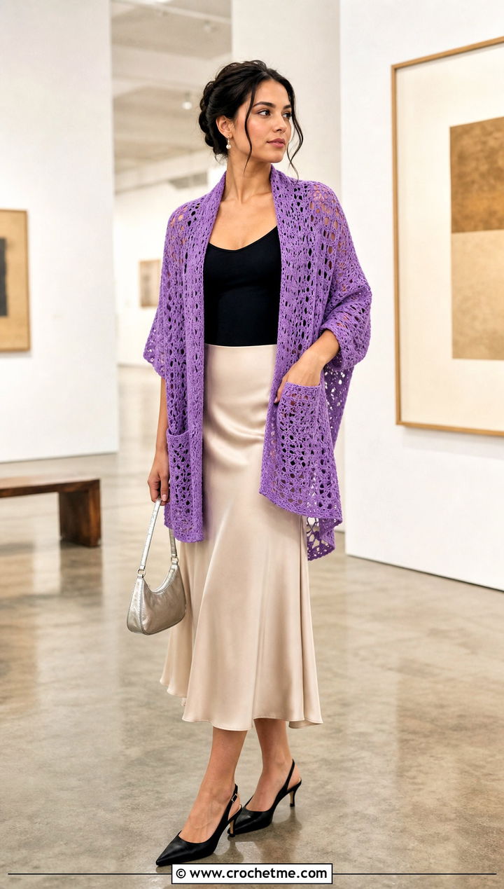 Mori Lace Pocket Shawl With Satin Midi Skirt - 15 Tunisian Crochet Pocket Shawl outfit ideas