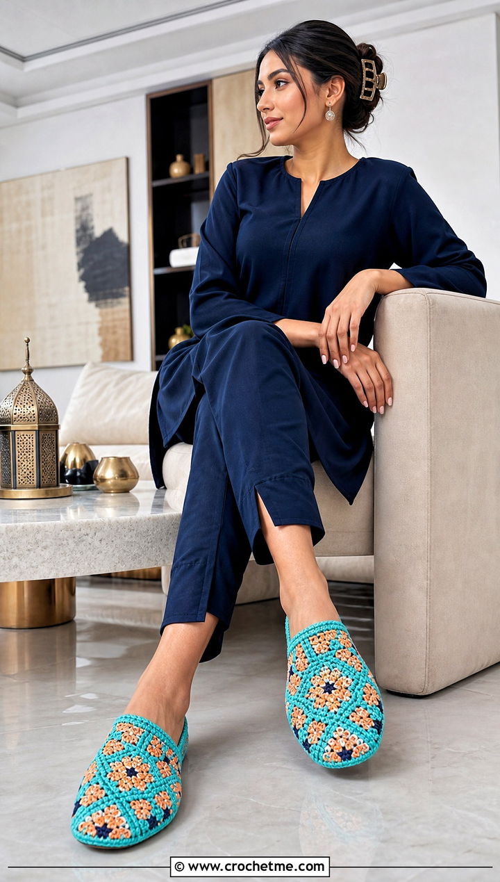Moroccan Tile Crochet House Shoes With a Tunic Set - 25 crochet house shoes outfit ideas