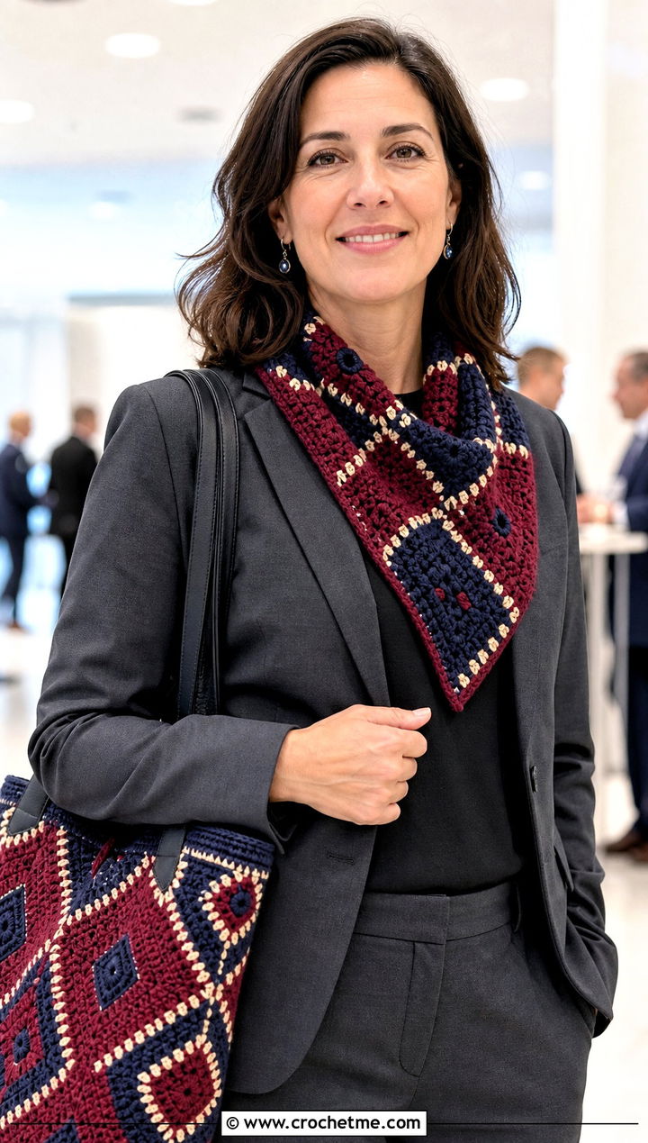 Mosaic Asymmetrical Crochet Shawl With Monochrome Suit - 30 asymmetrical crochet shawl outfit ideas
