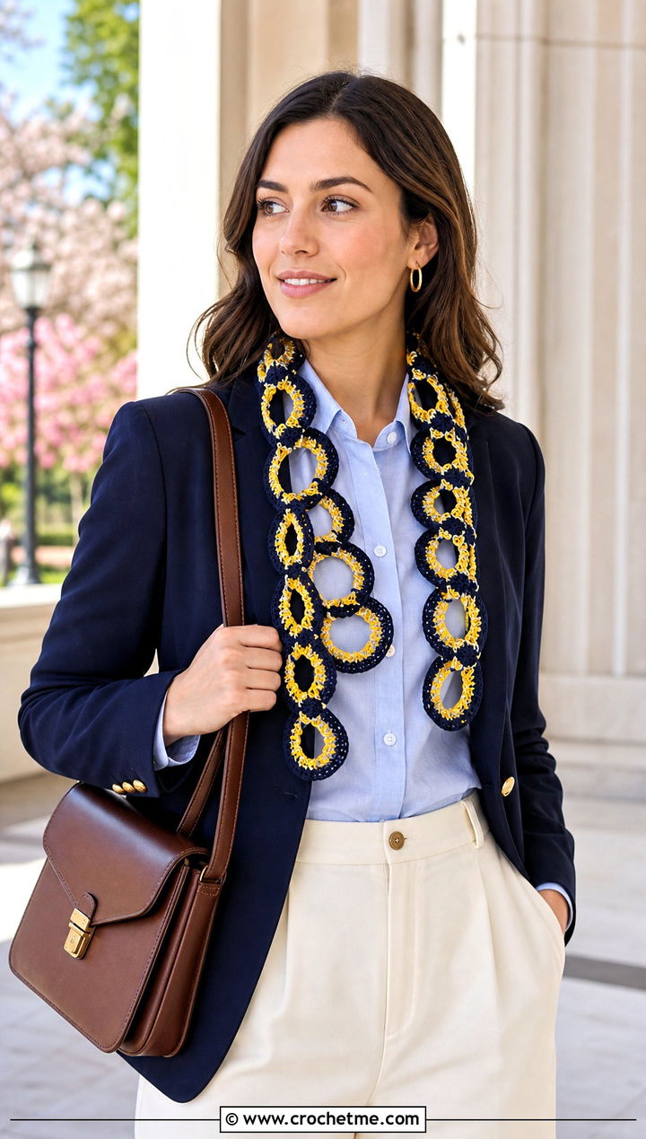 Mosaic Chain Link Scarf With Preppy Blazer And Loafers - 25 Crochet Chain Link Scarf outfit ideas