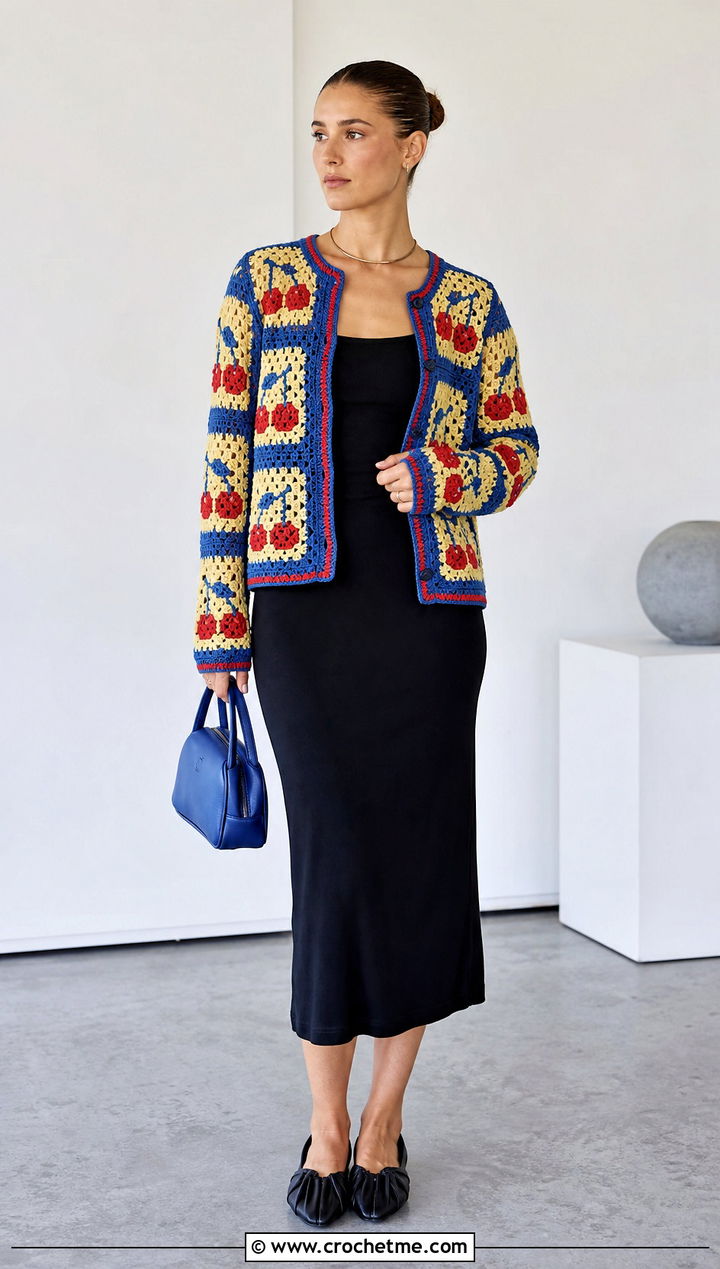 Mosaic Cherry Crochet Cardigan With Black Midi Dress - 30 cherry crochet cardigan outfit ideas