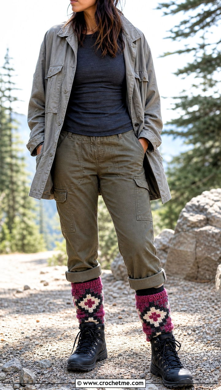 Mosaic Chunky Crochet Boot Socks With Cargo Pants - 15 crochet sock chunky yarn outfit ideas