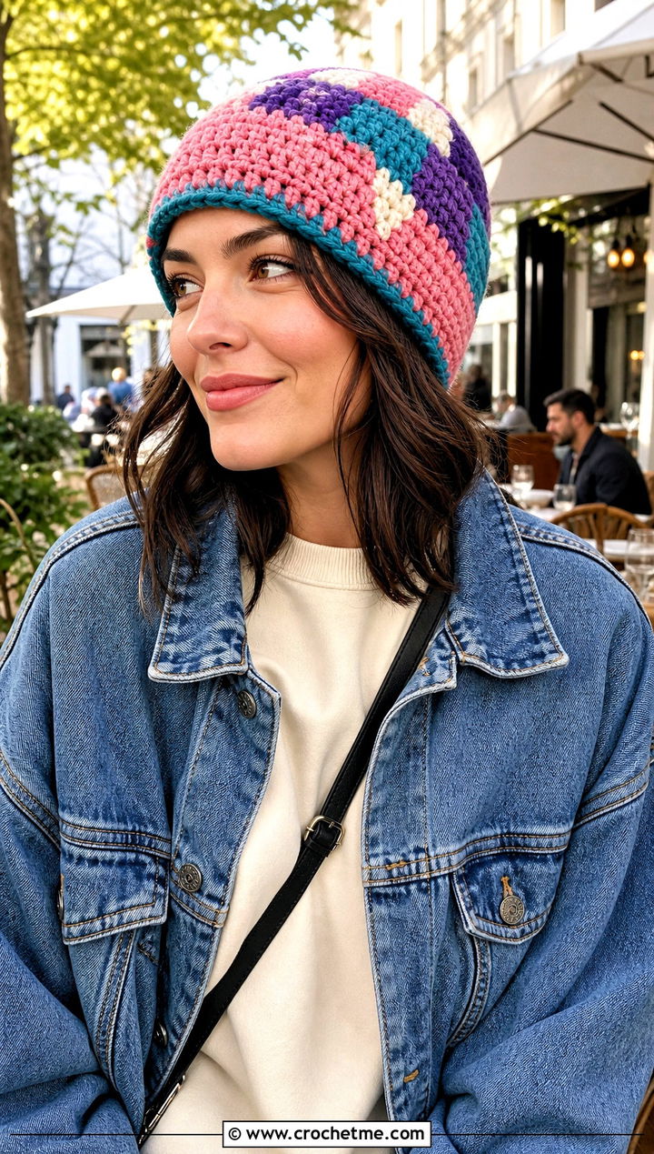 Mosaic Color Block Crochet Beanie With Denim Jacket - 15 Crochet Textured Beanie outfit ideas
