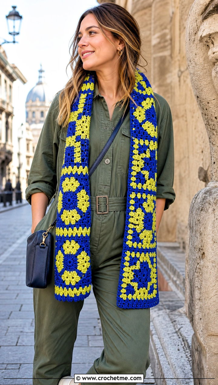 Mosaic Color Block Crochet Scarf With Utility Jumpsuit - 25 Color Block Crochet Scarf outfit ideas