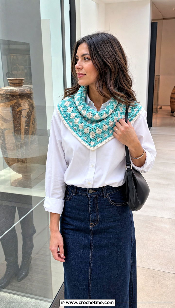 Mosaic Cowl With Shirt And Denim Skirt - 15 Cowls To Crochet outfit ideas