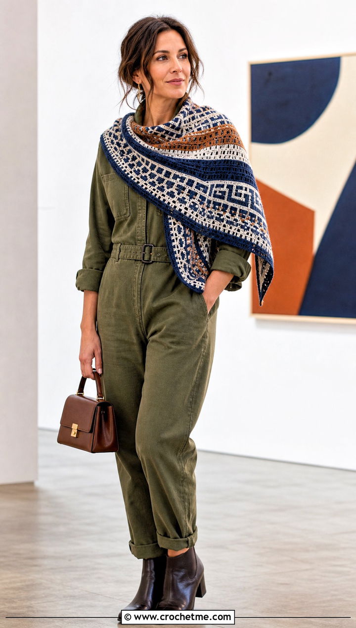 Mosaic Crescent Crochet Shawl With Utility Jumpsuit - 25 Crescent Crochet Shawl outfit ideas