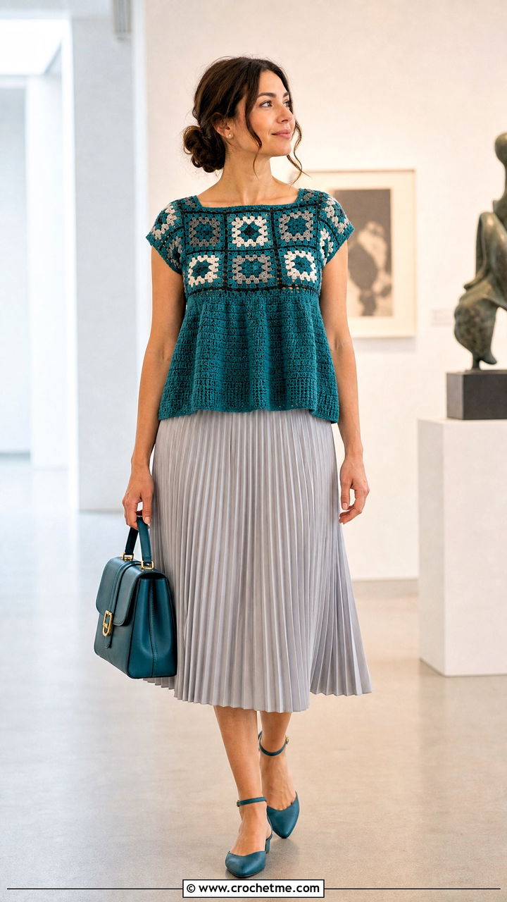 Mosaic Crochet Babydoll Top With Pleated Midi Skirt - 35 crochet babydoll top outfit ideas