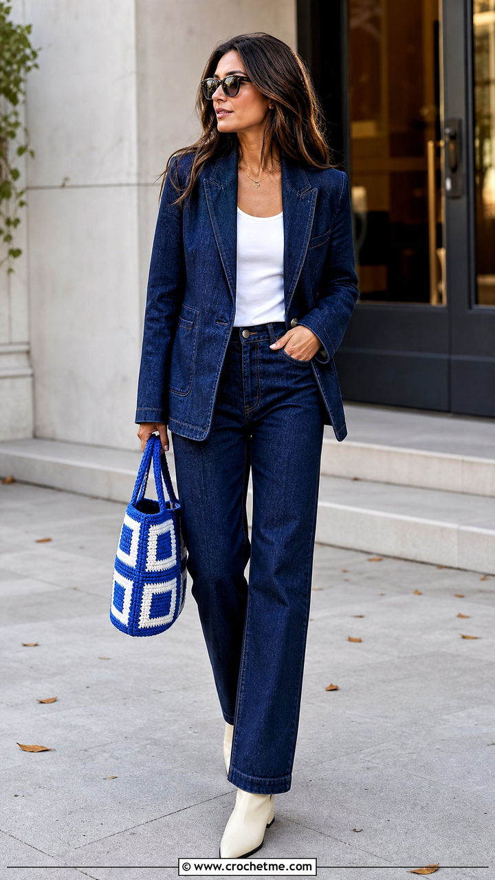 Mosaic Crochet Bag With Denim Suit - 35 crochet bag outfit ideas