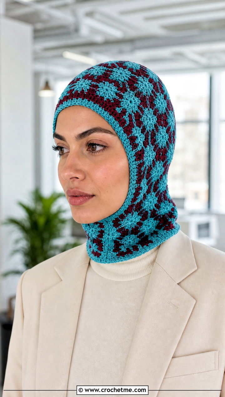 Mosaic Crochet Balaclava Beanie With Monochrome Suit - 25 crochet balaclava beanie outfit ideas