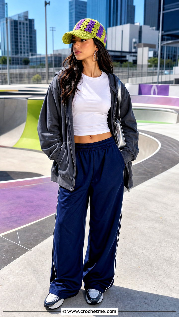 Mosaic Crochet Baseball Cap With Track Pants - 35 mosaic crochet hat outfit ideas