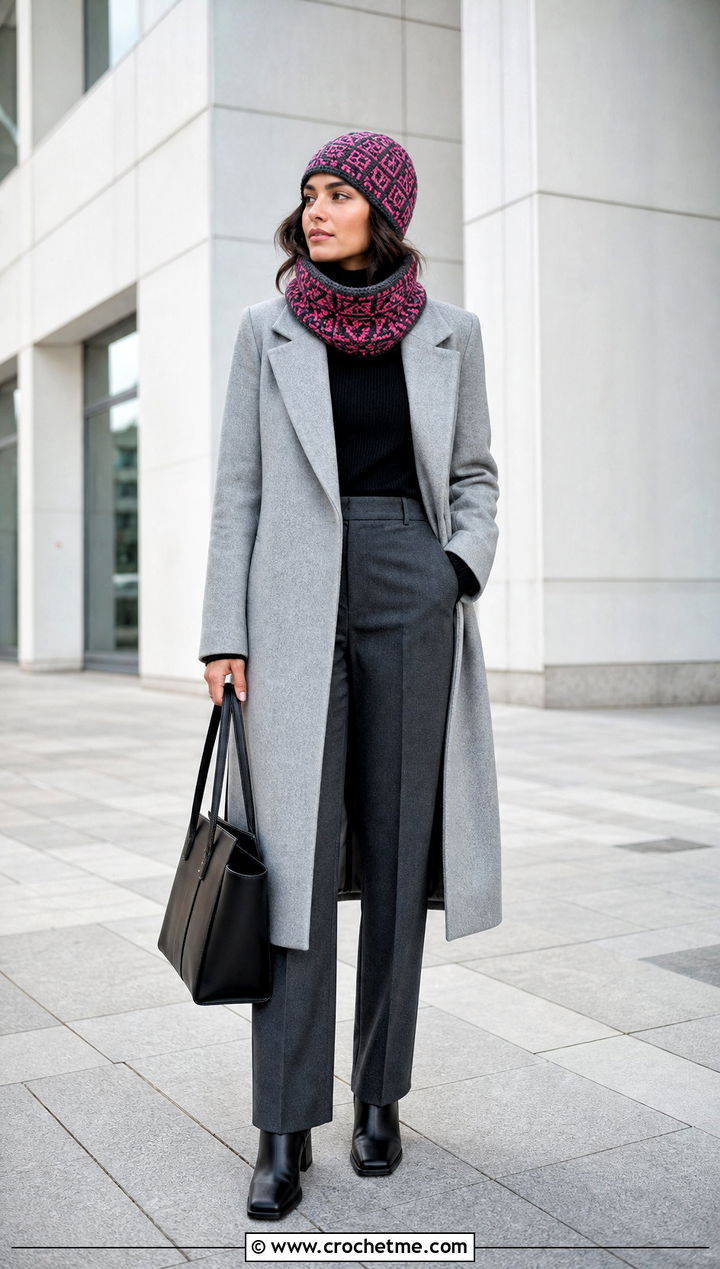 Mosaic Crochet Beanie And Cowl With Minimalist Coat - 35 crochet hat and scarf set outfit ideas