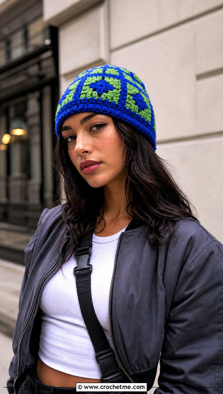 Mosaic Crochet Beanie With Bomber Jacket And Parachute Pants - 30 two color crochet beanie outfit ideas