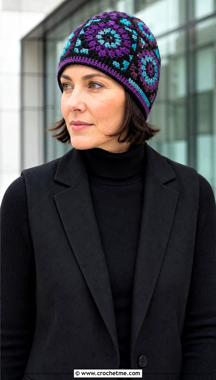 Mosaic Crochet Beanie With Monochrome Tailoring - 25 Fall Crochet Beanie outfit ideas