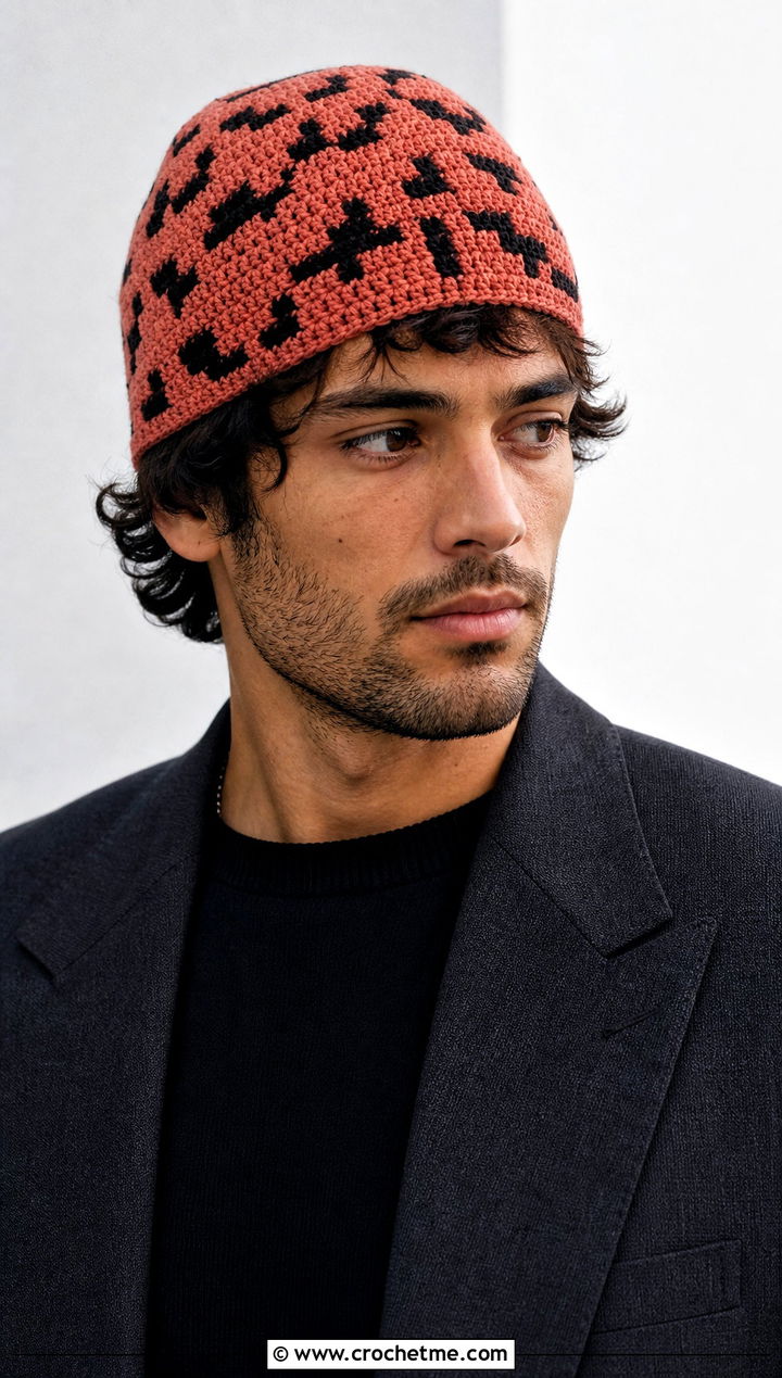 Mosaic Crochet Beanie With Tailored Suit - 30 crochet man beanie outfit ideas