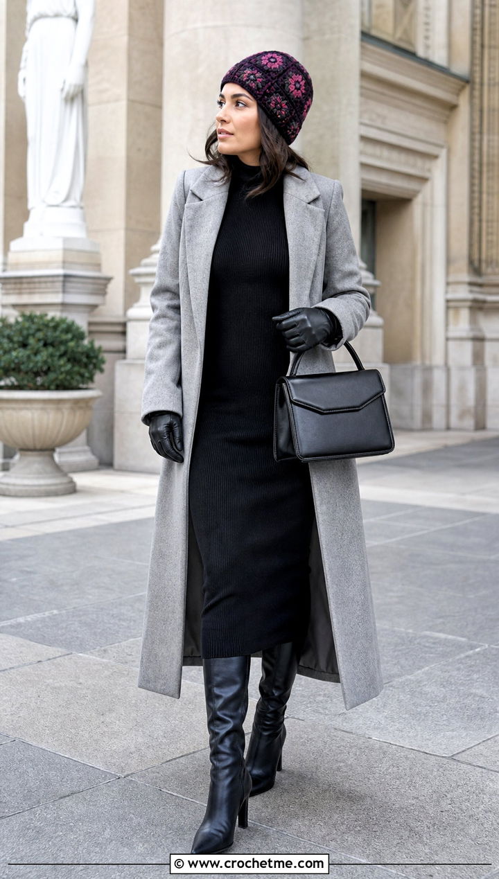 Mosaic Crochet Beanie With Wool Coat And Midi Dress - 35 crocheted beanies outfit ideas