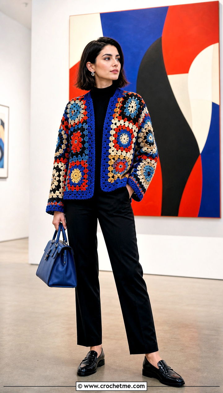 Mosaic Crochet Bed Jacket With Black Trousers - 25 Crochet Bed Jackets outfit ideas