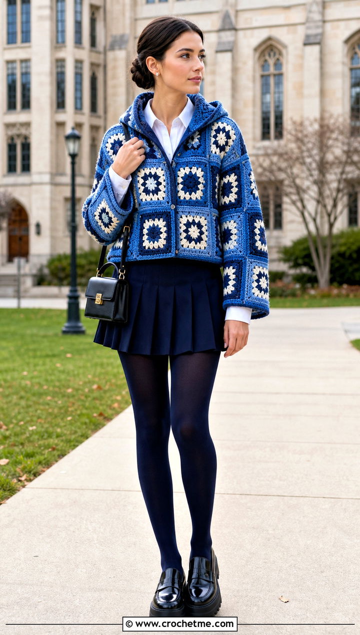 Mosaic Crochet Blanket Hoodie With Pleated Mini Skirt - 30 crochet blanket hoodie outfit ideas
