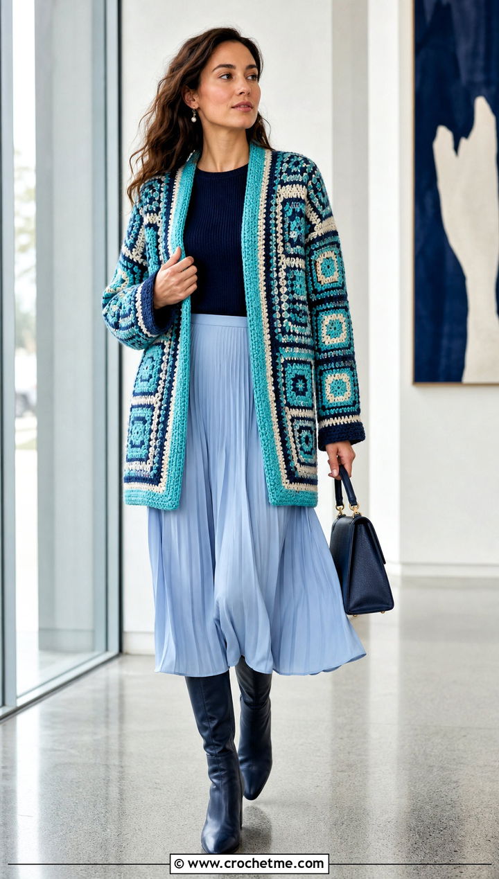 Mosaic Crochet Blanket Jacket With Pleated Midi Skirt - 25 crochet blanket jacket outfit ideas