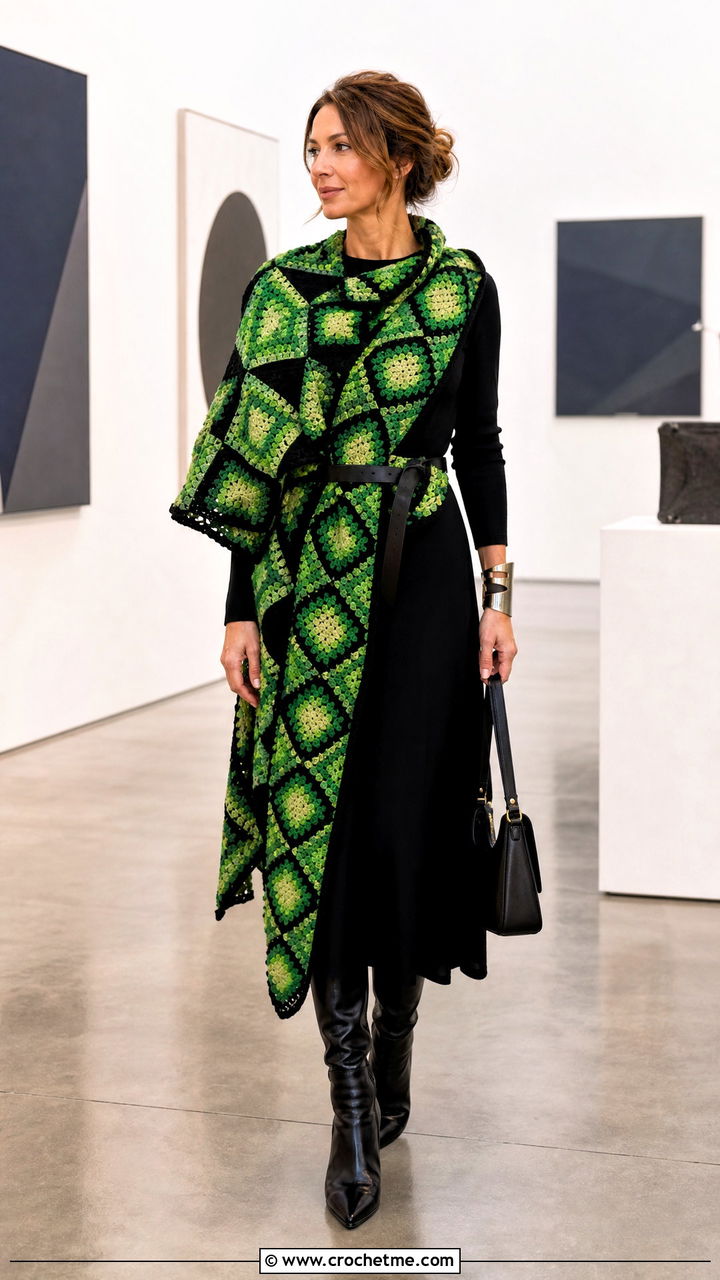 Mosaic Crochet Blanket Scarf With Minimalist Dress - 35 crochet blanket scarf outfit ideas