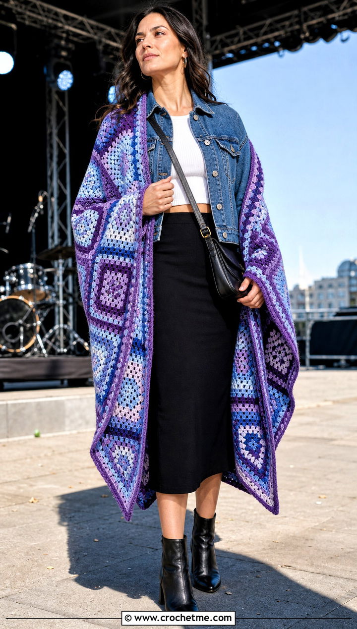 Mosaic Crochet Blanket Shawl With Denim Jacket - 30 crochet blanket shawl outfit ideas