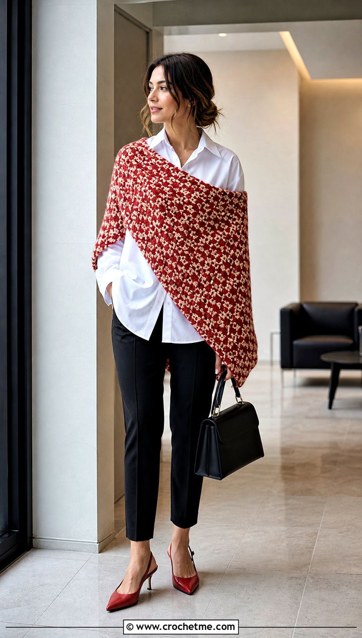 Mosaic Crochet Blanket Shawl With White Shirt - 15 Crochet Shawl Blanket outfit ideas