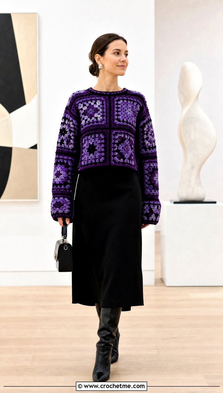 Mosaic Crochet Block Sweater With a Black Midi Dress - 30 crochet block sweater outfit ideas