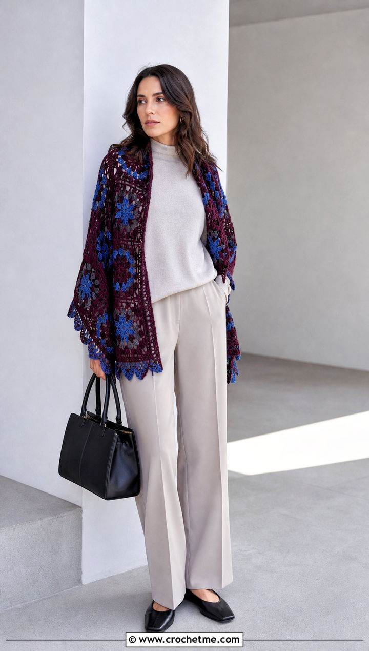 Mosaic Crochet Boho Shawl With Monochrome Outfit - 30 crochet boho shawl outfit ideas