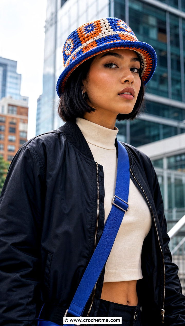 Mosaic Crochet Brim Hat With Bomber Jacket - 25 Easy Crochet Hats With Brim outfit ideas