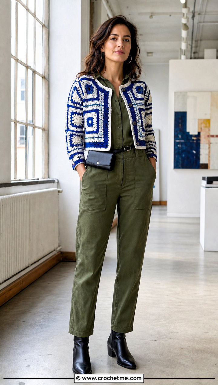 Mosaic Crochet Button Cardigan With Utility Jumpsuit - 25 Crochet Button Cardigan outfit ideas