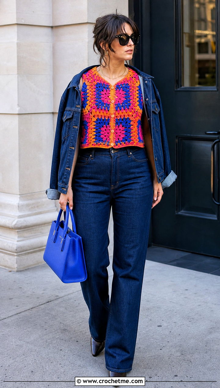 Mosaic Crochet Button Top With Matching Denim - 30 crochet button top outfit ideas