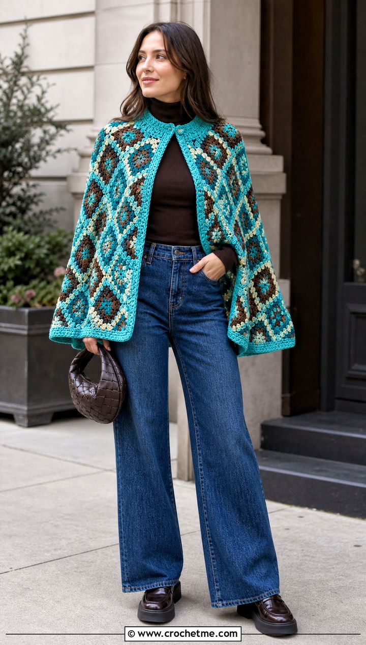 Mosaic Crochet Cape Shawl With Wide Leg Jeans - 30 mosaic crochet shawl outfit ideas