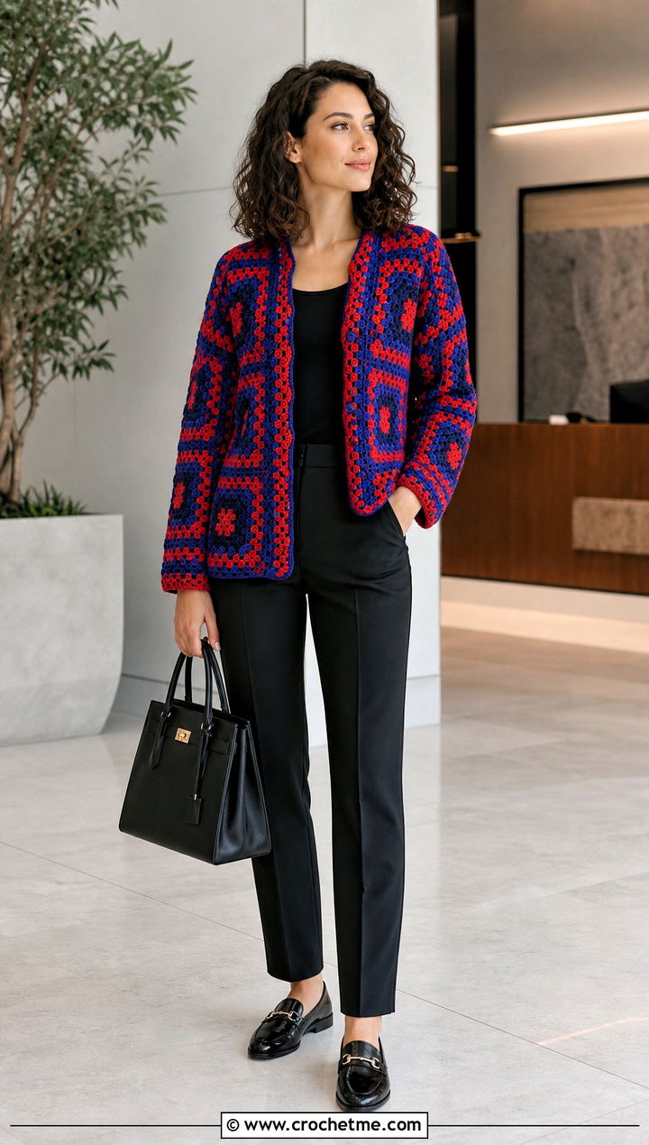 Mosaic Crochet Cardigan With Black Trousers - 20 crochet for ladies cardigans outfit ideas