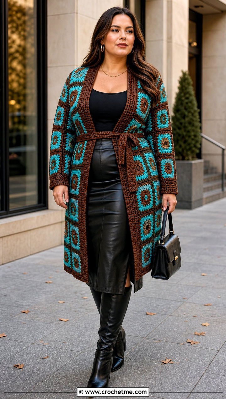Mosaic Crochet Cardigan With Leather Midi Skirt - 30 two color crochet cardigan outfit ideas