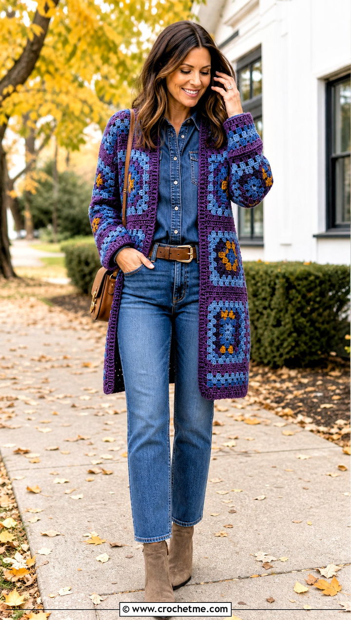 Mosaic Crochet Cardigan With Matching Denim - 25 crochet block cardigan outfit ideas