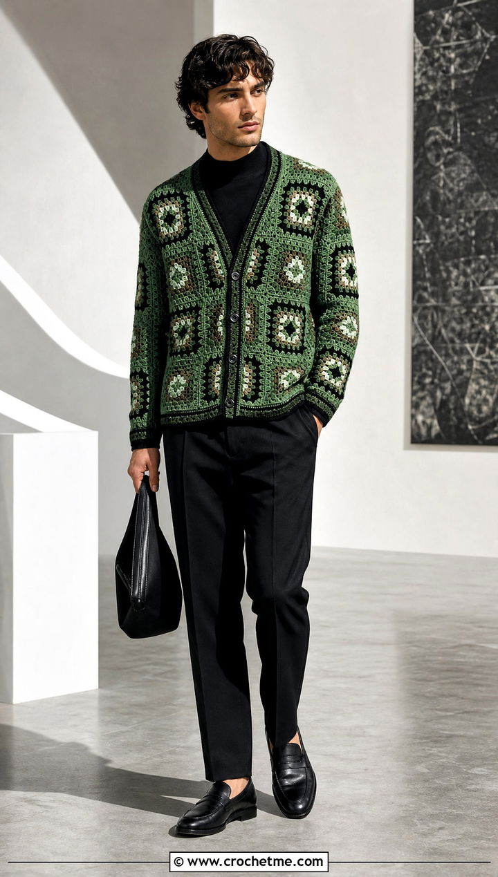 Mosaic Crochet Cardigan With Monochrome Basics - 30 mens crochet cardigan sweater outfit ideas
